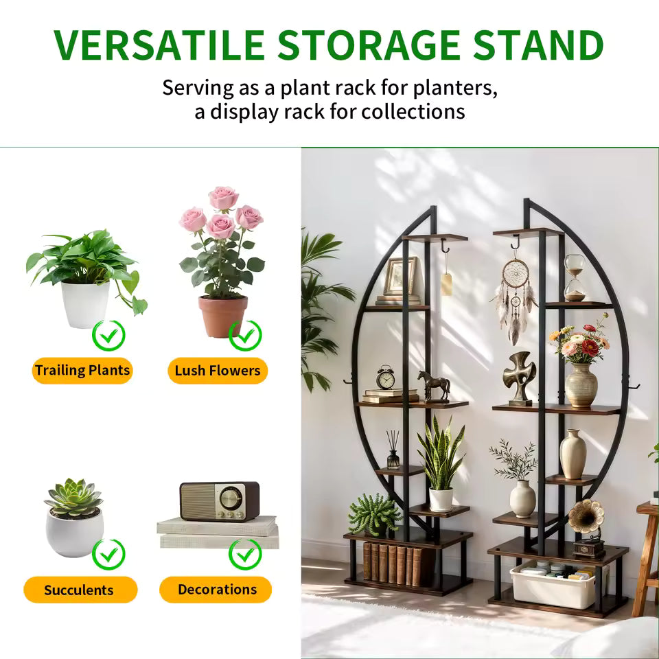 Curved metal display stand showing multi-tiered shelves decorated with potted plants and decor.