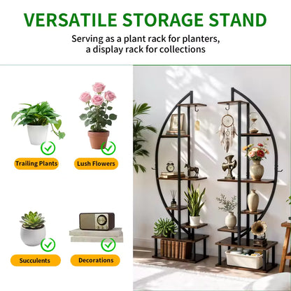 Curved metal display stand showing multi-tiered shelves decorated with potted plants and decor.