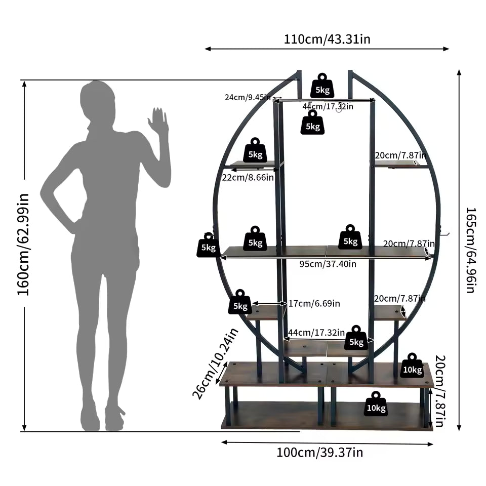 Dimension diagram for a multi-tiered oval metal plant stand alongside a human silhouette for scale.