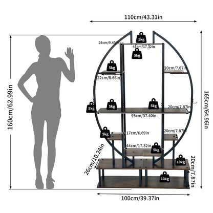 Dimension diagram for a multi-tiered oval metal plant stand alongside a human silhouette for scale.