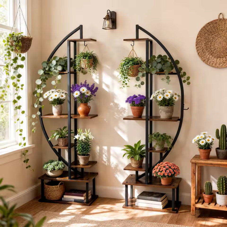 Two half-moon tiered plant stands with black metal frames filled with potted plants and flowers.