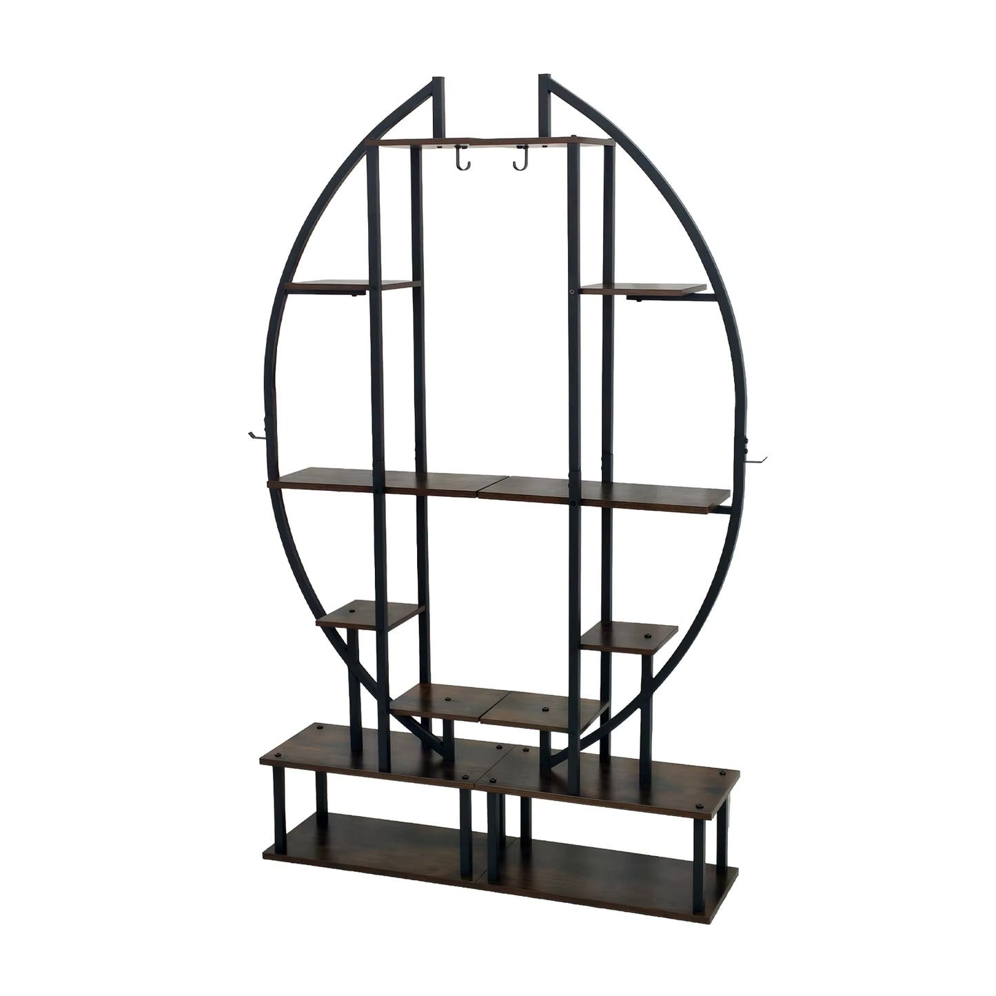 Two half-moon metal plant stands facing each other to form an oval display unit on white background.