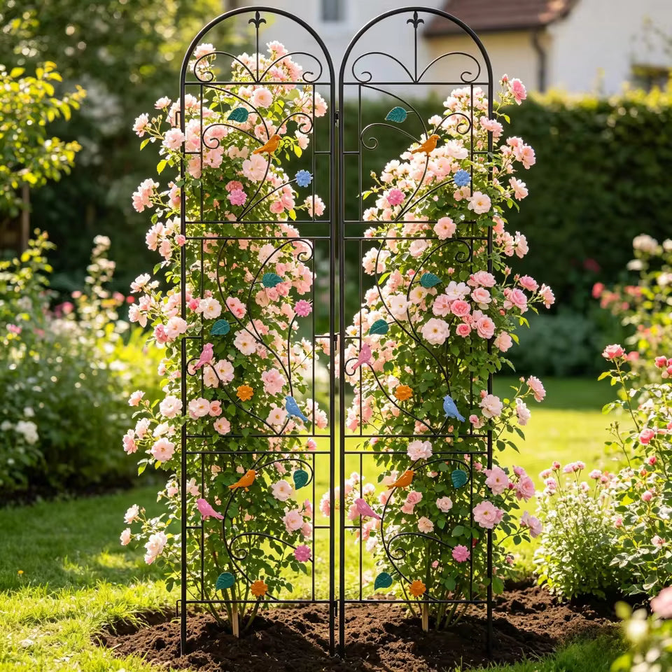 Two-panel black metal garden trellis decorated with colorful birds and leaves, supporting pink roses.