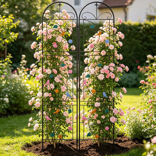 Two-panel black metal garden trellis decorated with colorful birds and leaves, supporting pink roses.