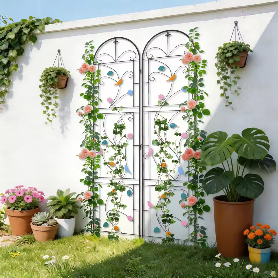 Two arched metal garden trellises with decorative bird and leaf accents supporting climbing roses.