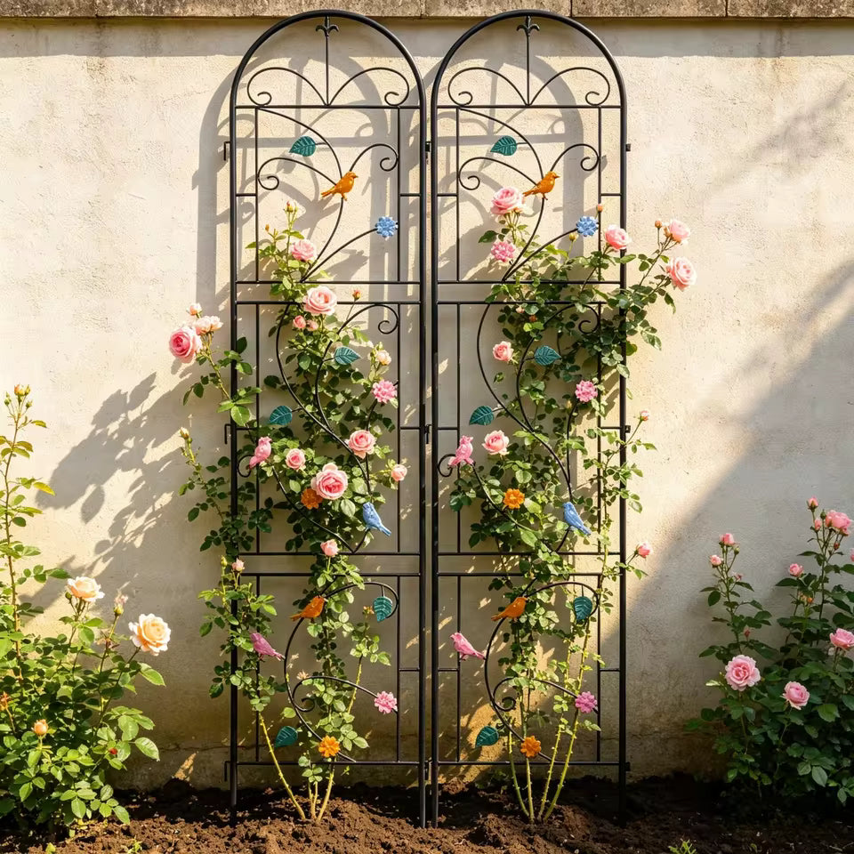 Two arched black metal garden trellises with bird details supporting climbing roses against a wall.
