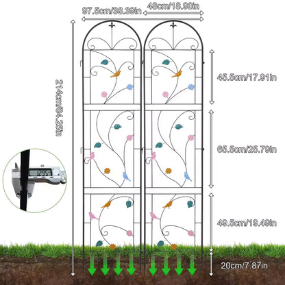 Dual-panel arched metal garden trellis with colorful bird accents and detailed measurement specs.