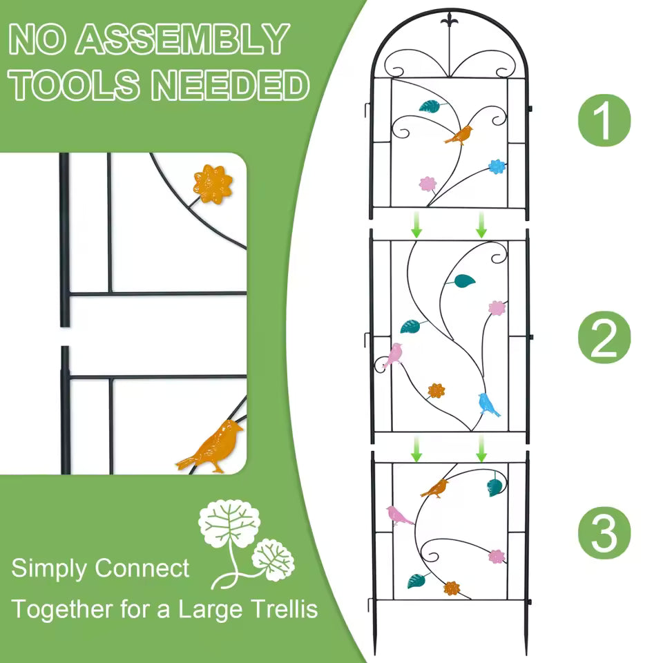 Diagram showing tool-free assembly of a three-piece metal garden trellis decorated with colorful birds.