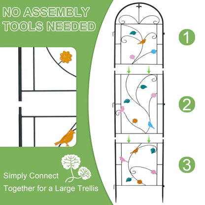 Diagram showing tool-free assembly of a three-piece metal garden trellis decorated with colorful birds.
