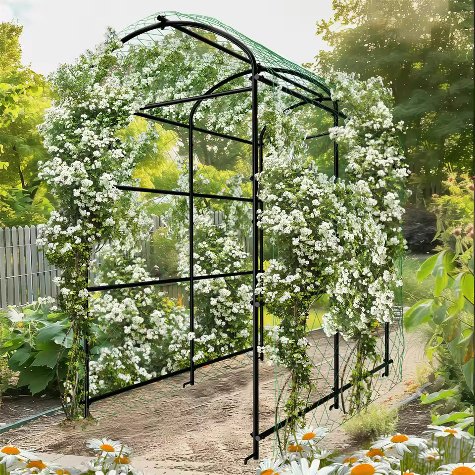 Metal arched garden trellis tunnel covered with green netting and climbing white flowers outdoors.