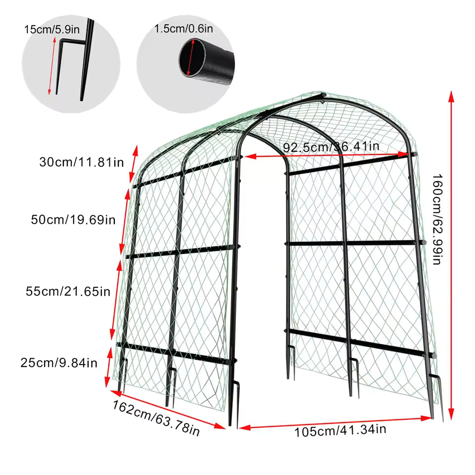 U-shaped metal garden arch trellis diagram showing dimensions, ground stakes, and nylon netting.