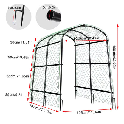 U-shaped metal garden arch trellis diagram showing dimensions, ground stakes, and nylon netting.