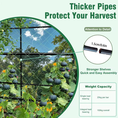 Garden trellis frame with netting supporting climbing vines, highlighting pipe size and weight capacity.