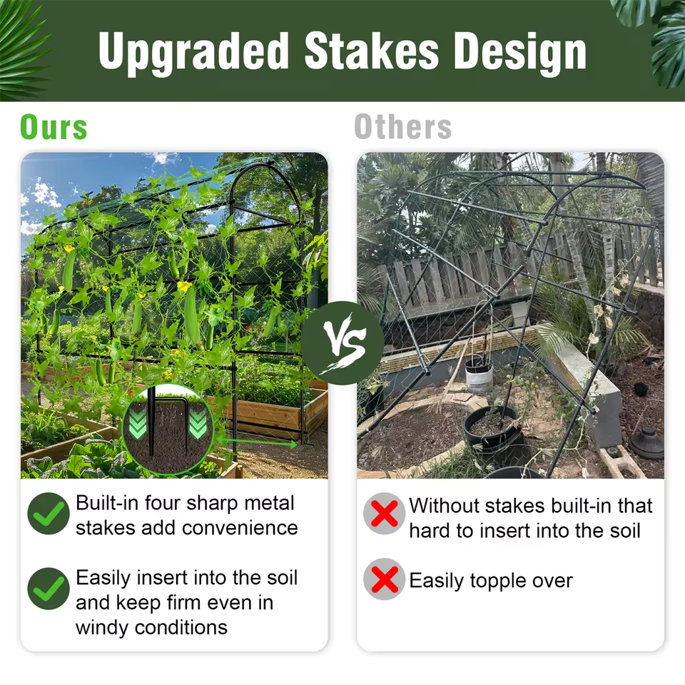 Comparison showing a garden arch trellis with built-in ground stakes versus an unstable frame.