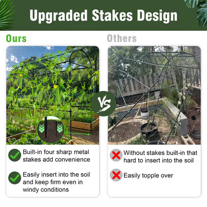 Comparison showing a garden arch trellis with built-in ground stakes versus an unstable frame.