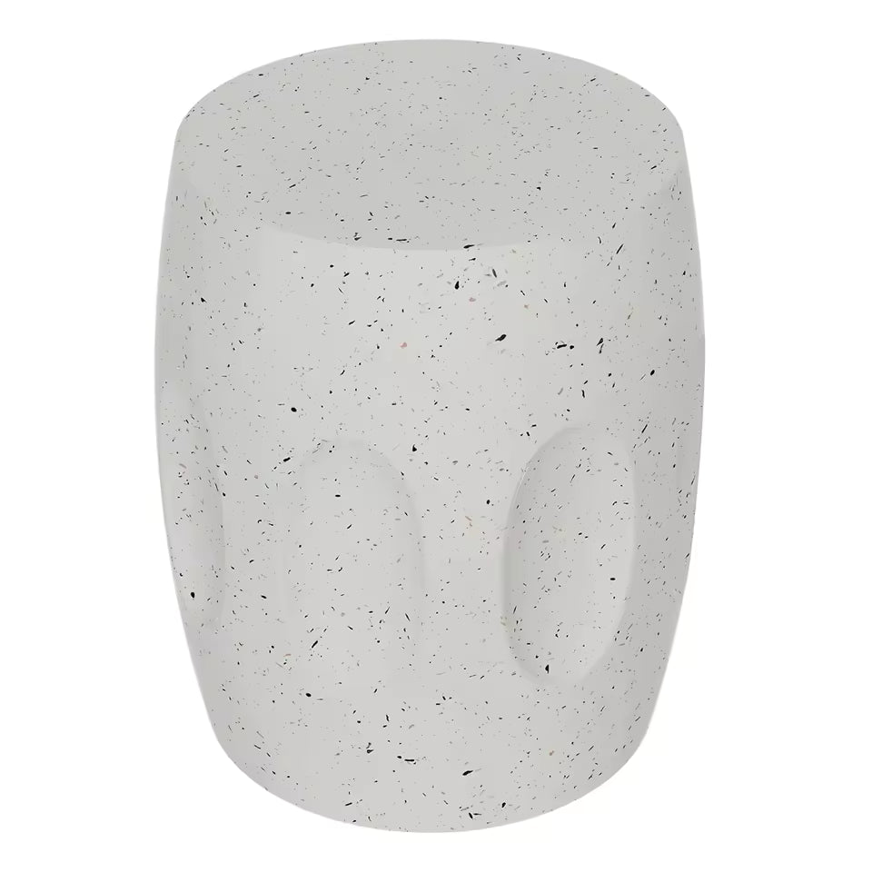 Off-white speckled terrazzo barrel garden stool side table with oval side indentations.