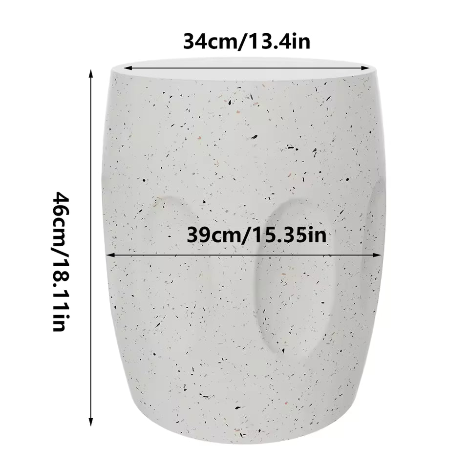 Speckled terrazzo barrel garden stool with dimensions: 46cm height, 39cm width, 34cm top.