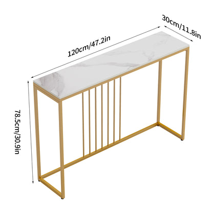 Narrow white faux-marble console table with gold metal frame showing length, width, and height dimensions.