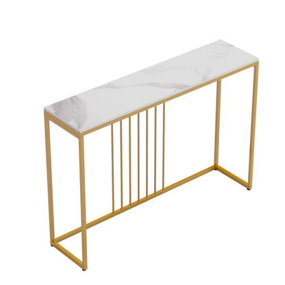 Modern narrow console table with a white faux-marble top and gold metal frame with vertical slatted accents.