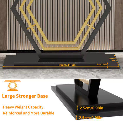 Black and gold geometric console table base with dimension overlays and features text.