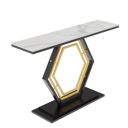 Modern narrow console table with a white faux-marble top and a black and gold geometric metal base.