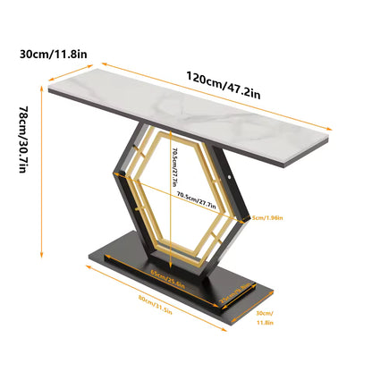 Narrow console table with sintered stone top and geometric metal base, showing dimensions.