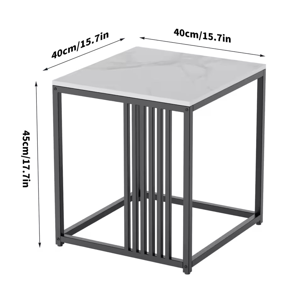 Square white marble side table with a slatted black metal frame and dimension markings.