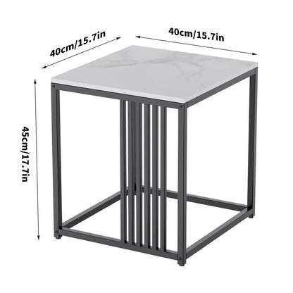 Square white marble side table with a slatted black metal frame and dimension markings.