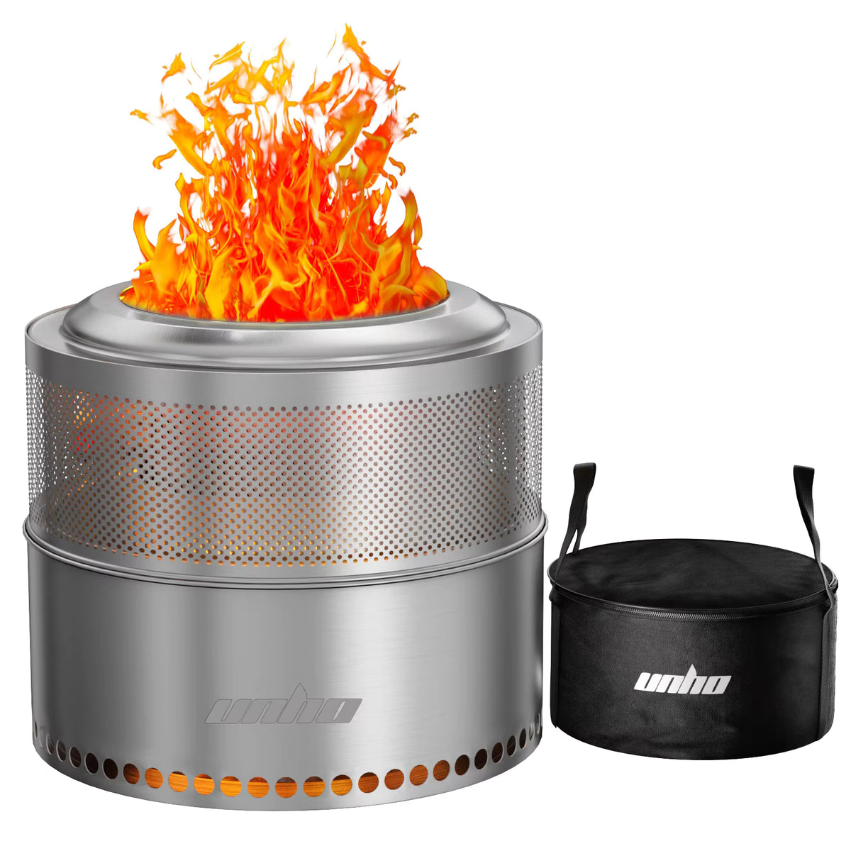Stainless steel round smokeless fire pit with bright flames and an included black carrying bag.