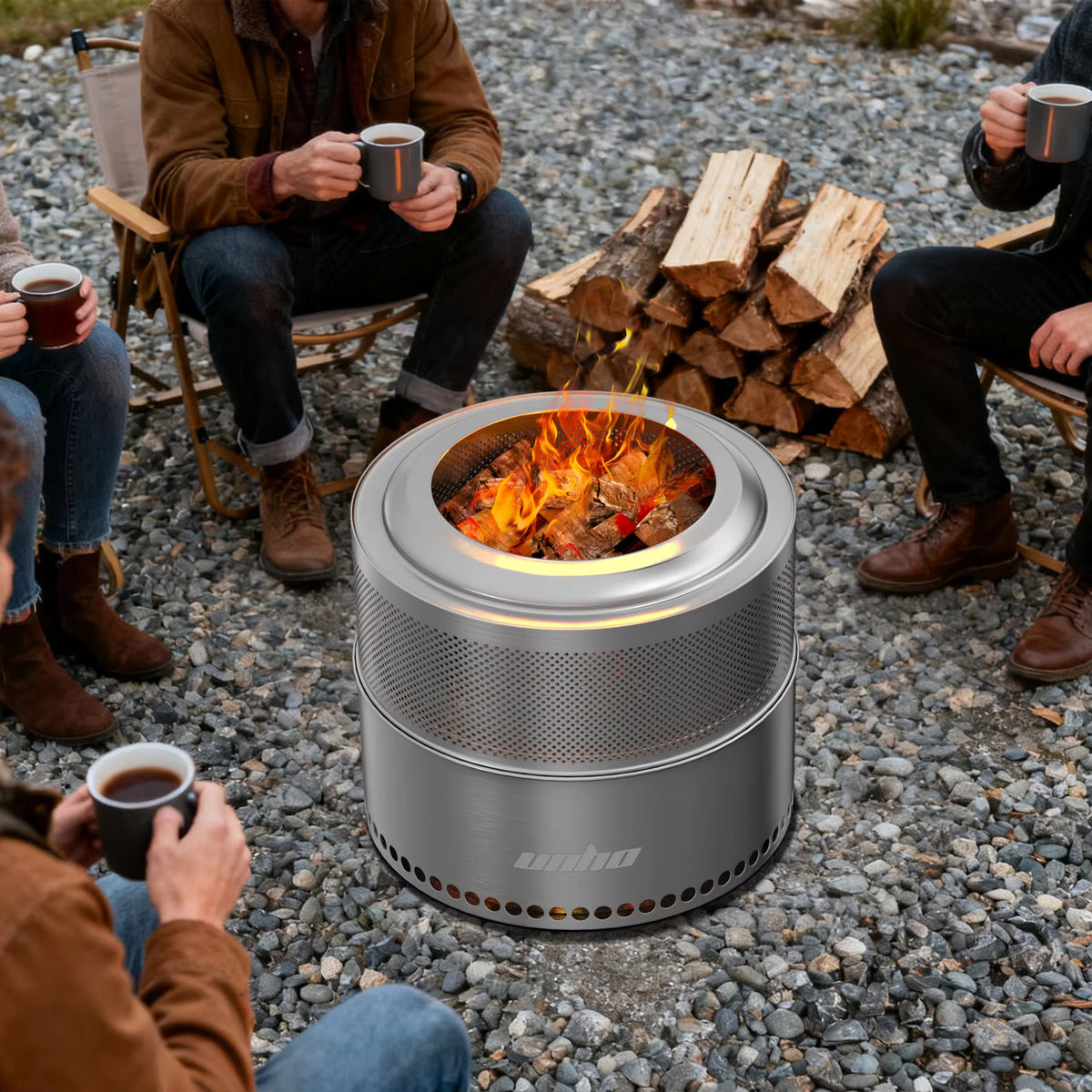Stainless steel cylindrical smokeless fire pit burning outdoors, surrounded by people sitting with mugs.
