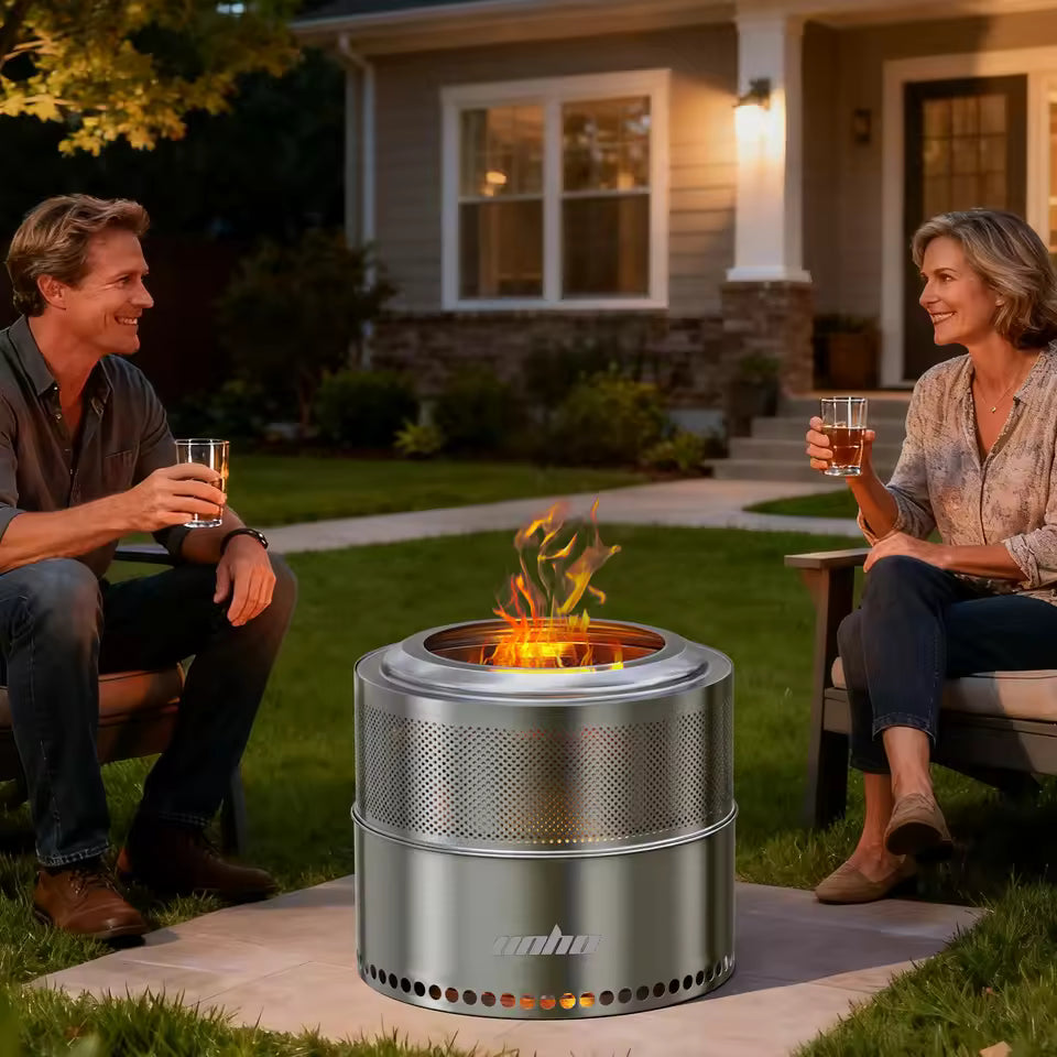 Couple enjoying drinks outside around a stainless steel smokeless fire pit in a backyard setting.
