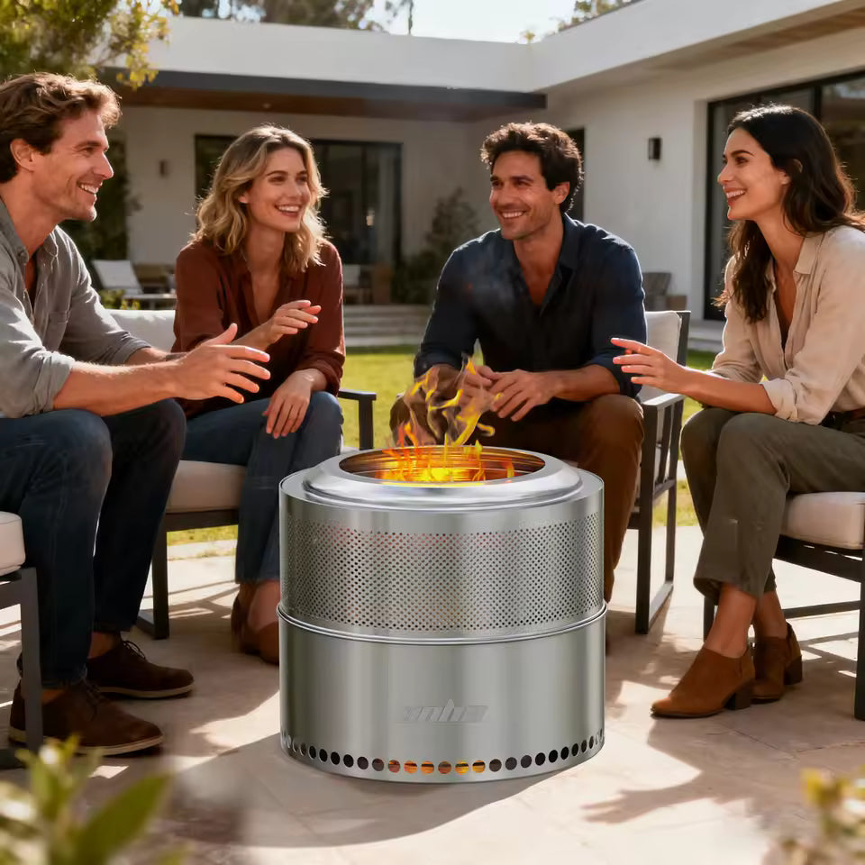 Four adults gathered around a stainless steel smokeless fire pit on an outdoor patio.