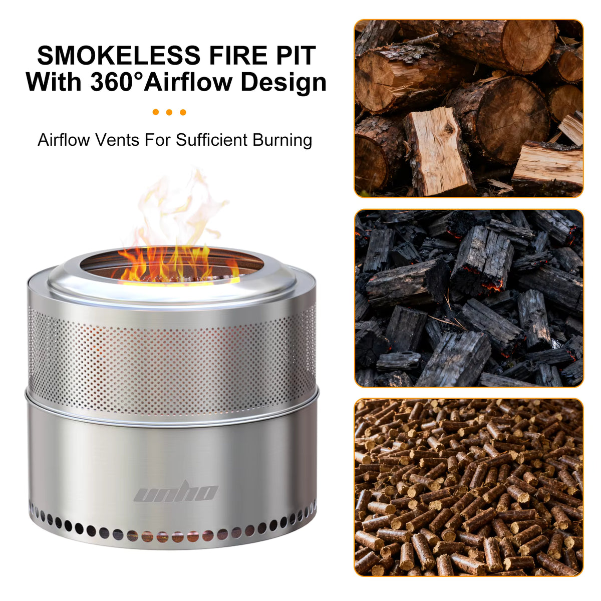Round stainless steel smokeless fire pit burning flames with fuel options: wood logs, charcoal, and pellets.