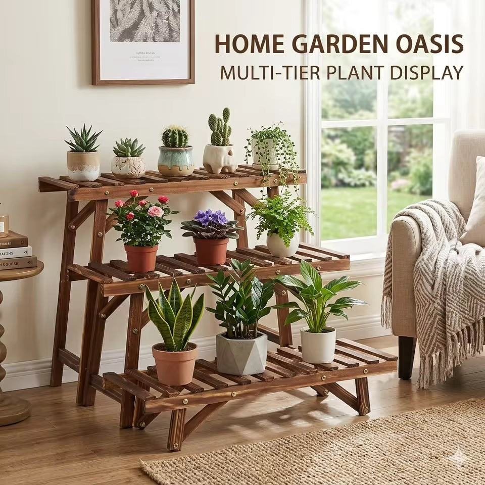 3-tier wooden plant stand holding potted plants near a window with "Home Garden Oasis" text.
