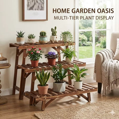 3-tier wooden plant stand holding potted plants near a window with "Home Garden Oasis" text.