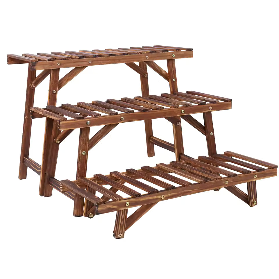 3-tier dark wood slatted step plant stand on a white background.