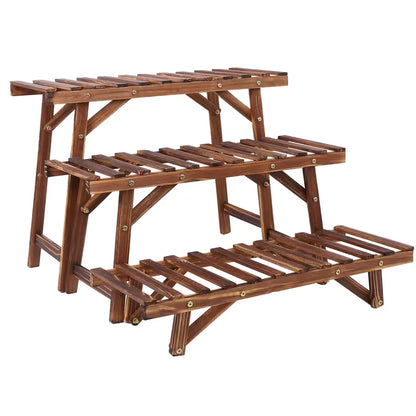 3-tier dark wood slatted step plant stand on a white background.