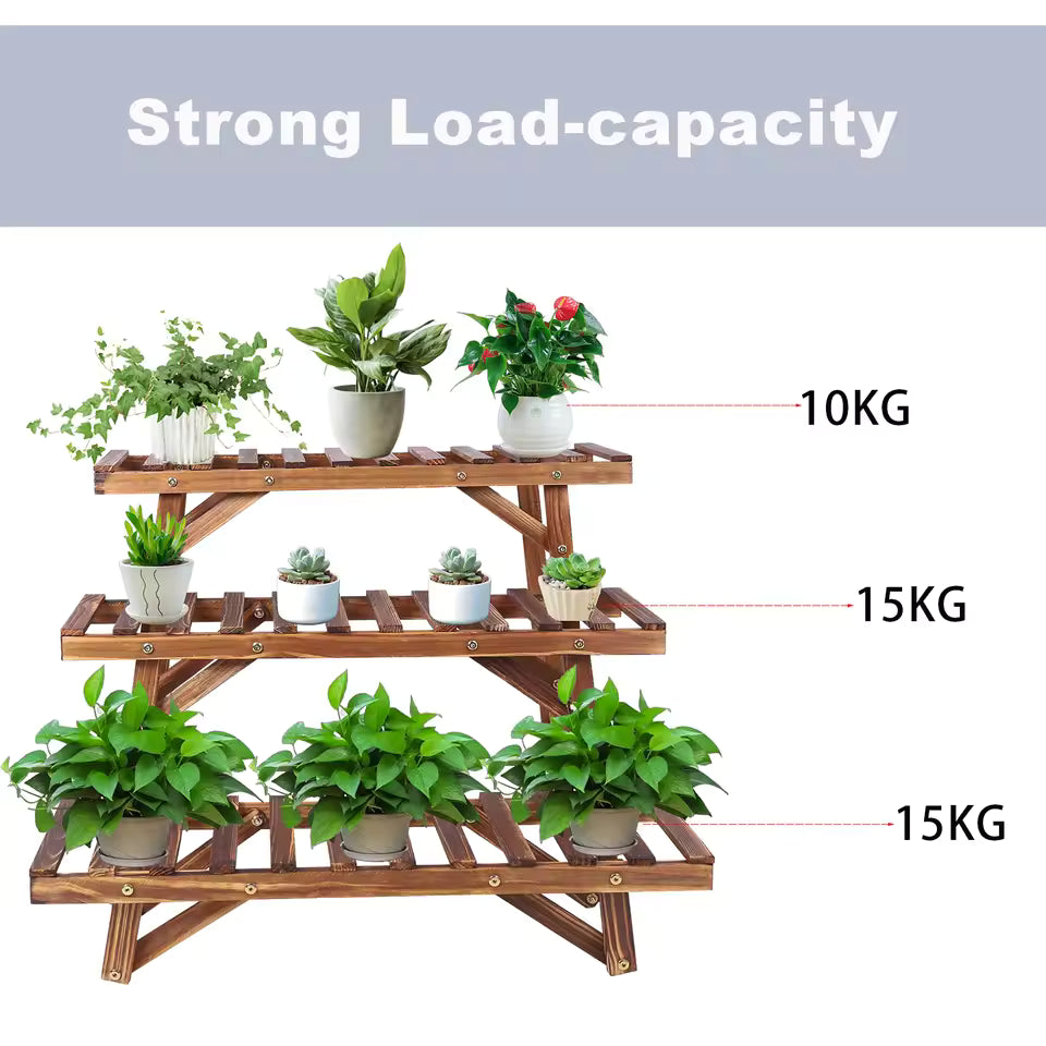 3-tier wooden plant stand displaying weight capacities of 10kg, 15kg, and 15kg per shelf.