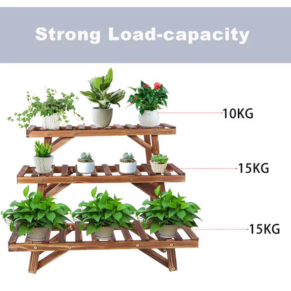 3-tier wooden plant stand displaying weight capacities of 10kg, 15kg, and 15kg per shelf.