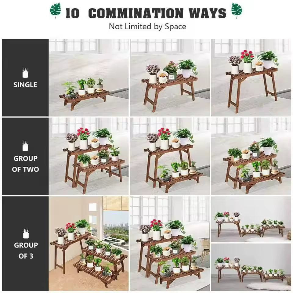 Modular wooden plant stand grid showing configurations in single, pairs, and groups of three.