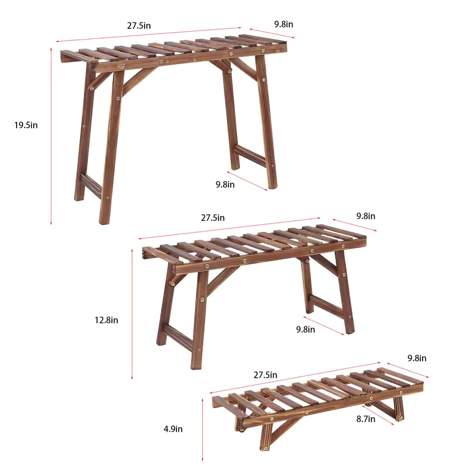 3 wooden slatted plant stands of varying heights labeled with their dimensions in inches.