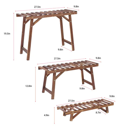 3 wooden slatted plant stands of varying heights labeled with their dimensions in inches.